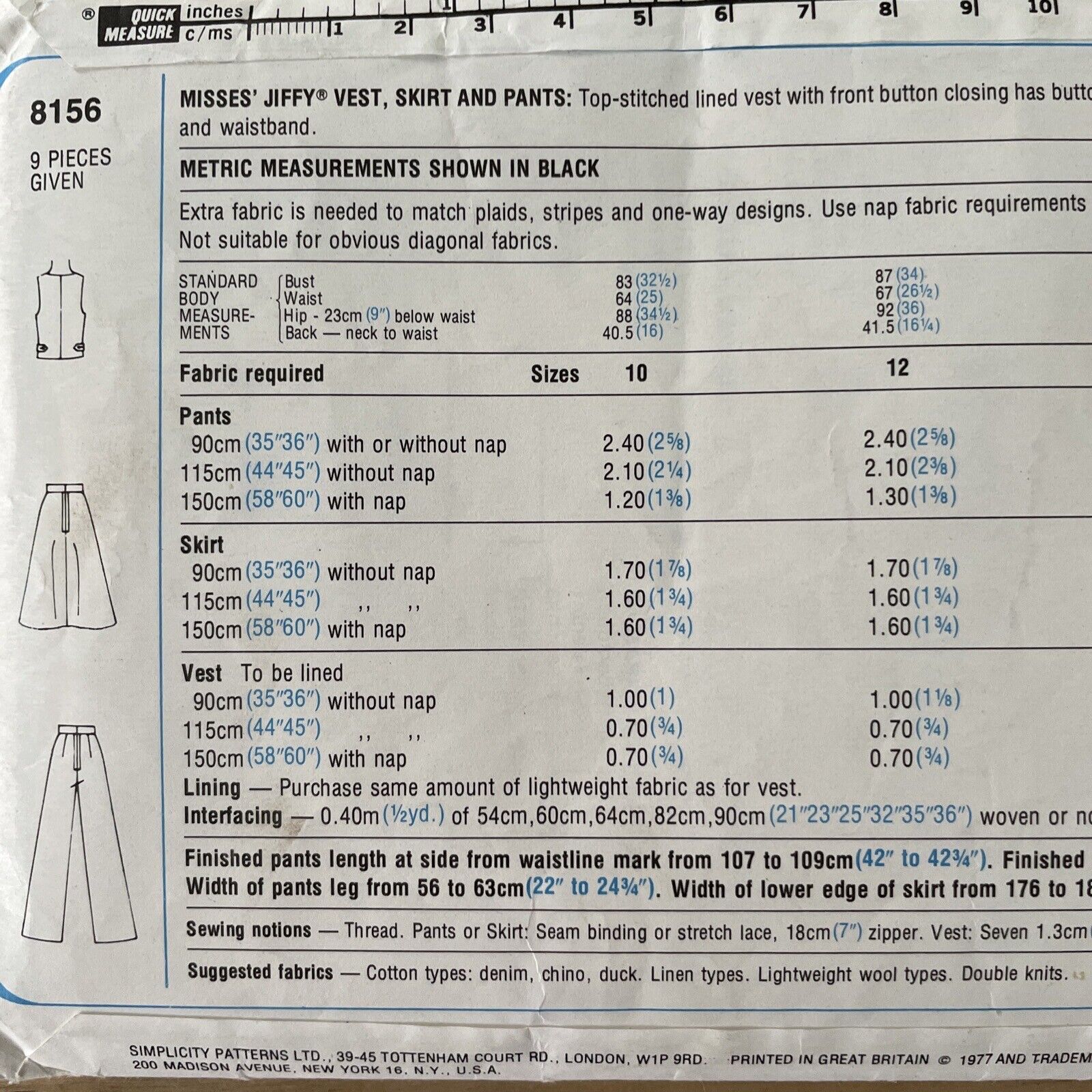 Simplicity 8156 Womens Size 12 Top Skirt Trousers FF
