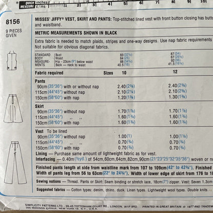 Simplicity 8156 Womens Size 12 Top Skirt Trousers FF