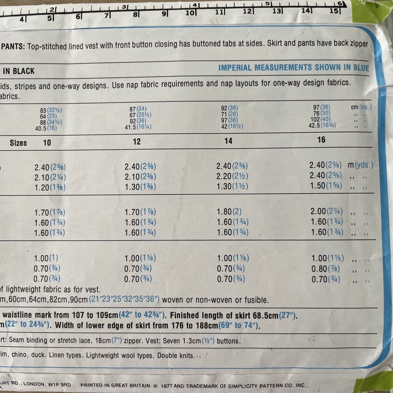 Simplicity 8156 Womens Size 12 Top Skirt Trousers FF