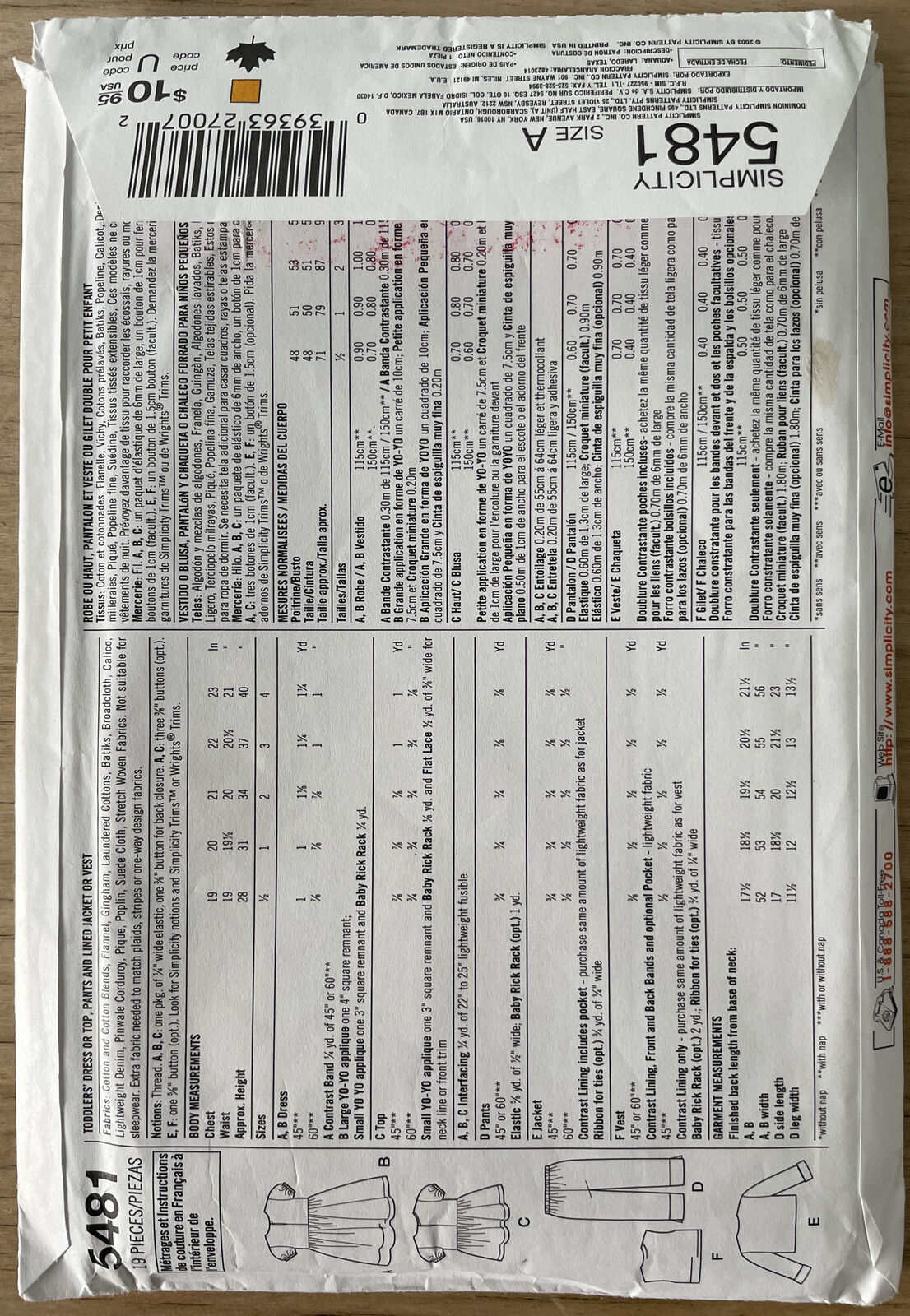 Simplicity 5481 Toddler Size 1/2-4 Dress Top FF *