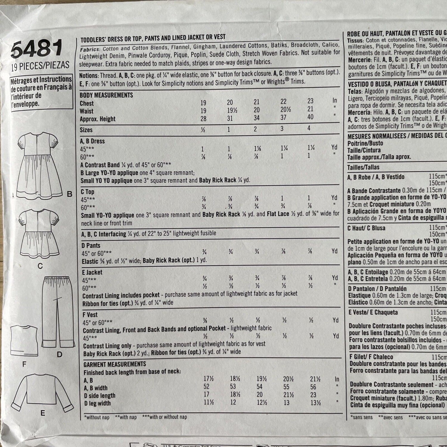 Simplicity 5481 Toddler Size 1/2-4 Dress Top FF *