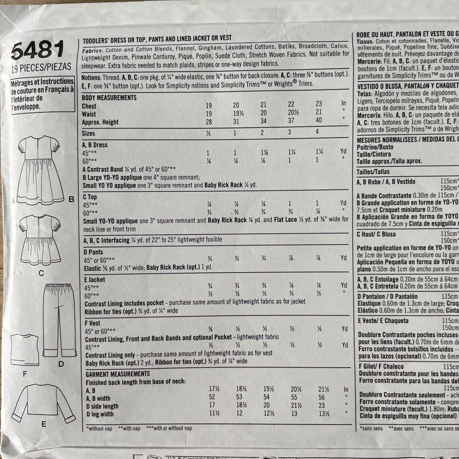 Simplicity 5481 Toddler Size 1/2-4 Dress Top FF *