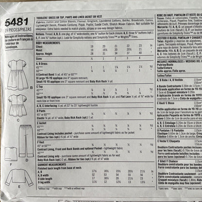 Simplicity 5481 Toddler Size 1/2-4 Dress Top FF *