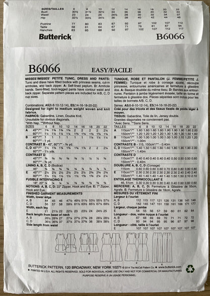 Butterick B6066  Womens Size  6-14 Petite Dress Top Trousers FF