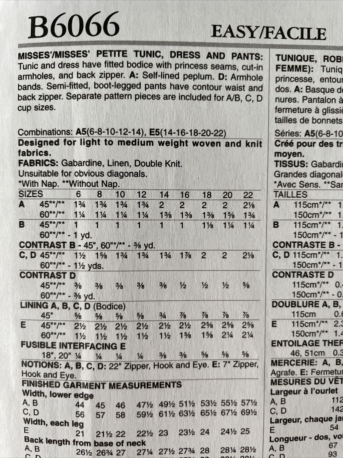 Butterick B6066  Womens Size  6-14 Petite Dress Top Trousers FF
