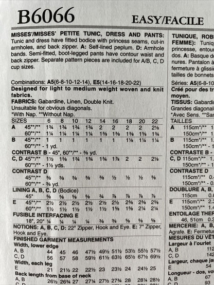 Butterick B6066  Womens Size  6-14 Petite Dress Top Trousers FF
