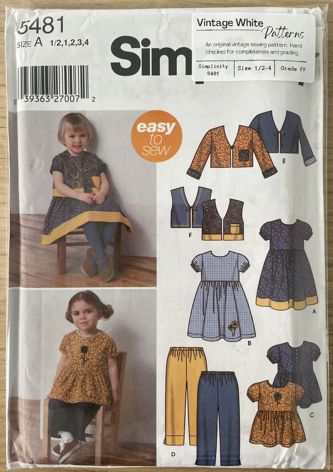 Simplicity 5481 Toddler Size 1/2-4 Dress Top FF *