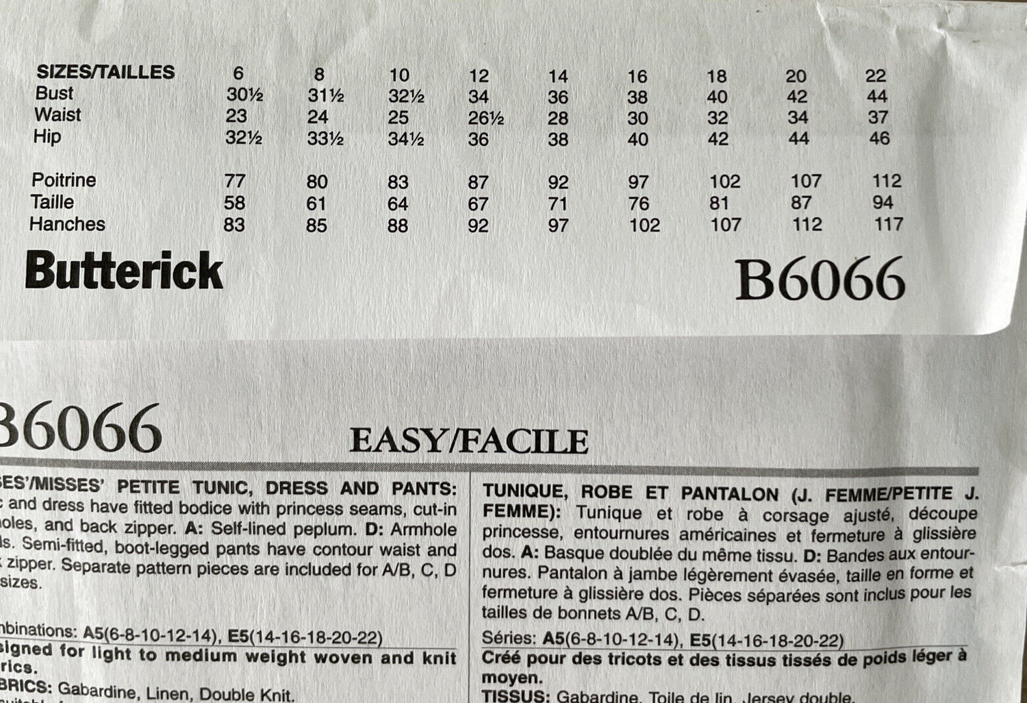 Butterick B6066  Womens Size  6-14 Petite Dress Top Trousers FF