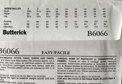 Butterick B6066  Womens Size  6-14 Petite Dress Top Trousers FF