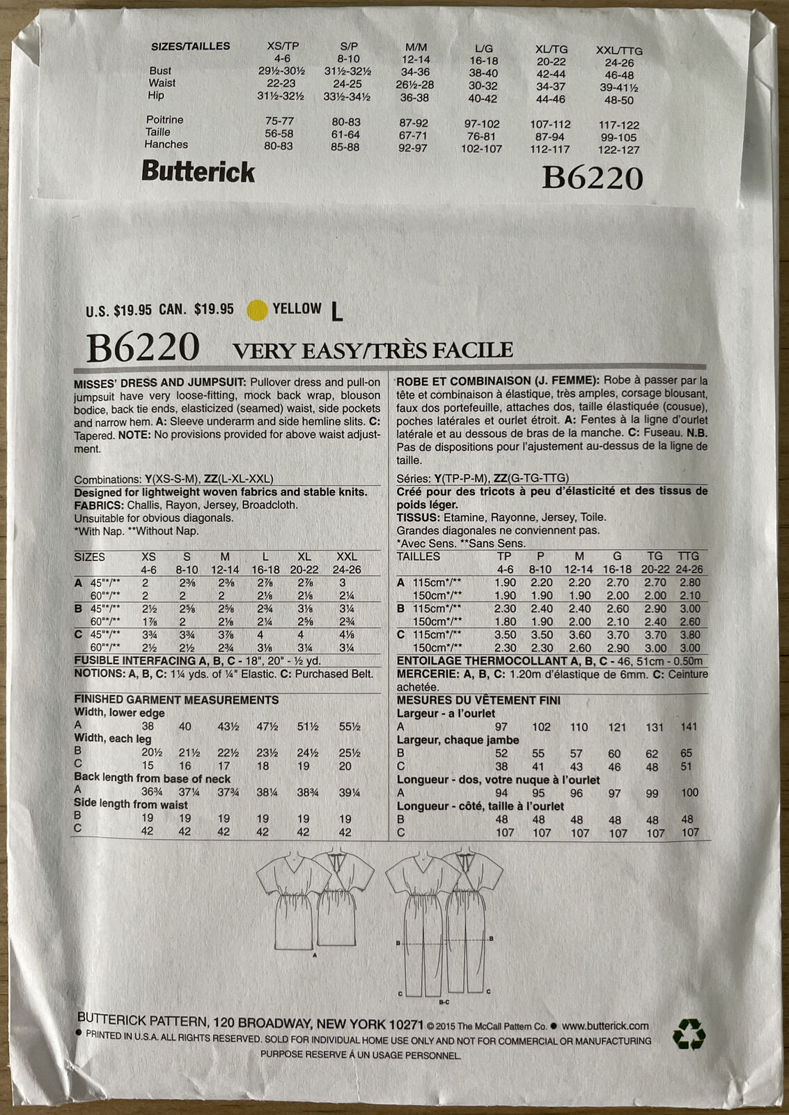 Butterick B6220 Women Size XS-M Dress Jumpsuit FF *