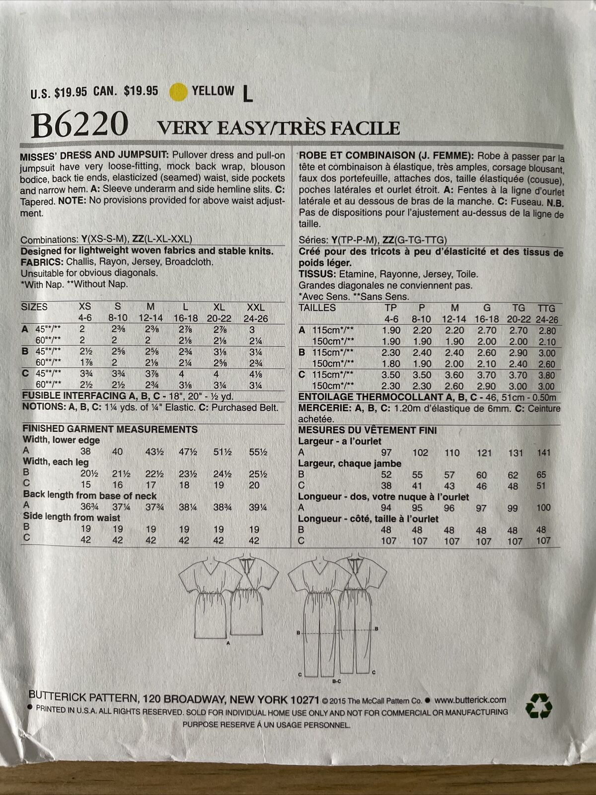 Butterick B6220 Women Size XS-M Dress Jumpsuit FF *