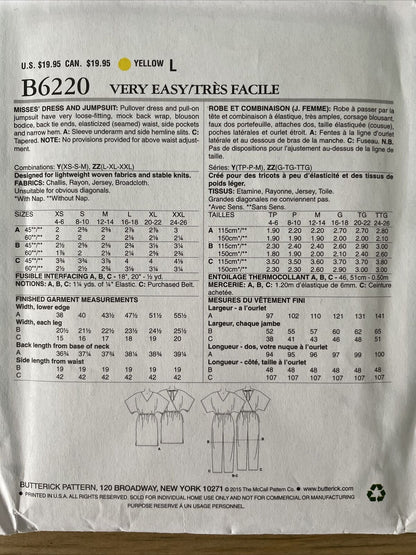 Butterick B6220 Women Size XS-M Dress Jumpsuit FF *
