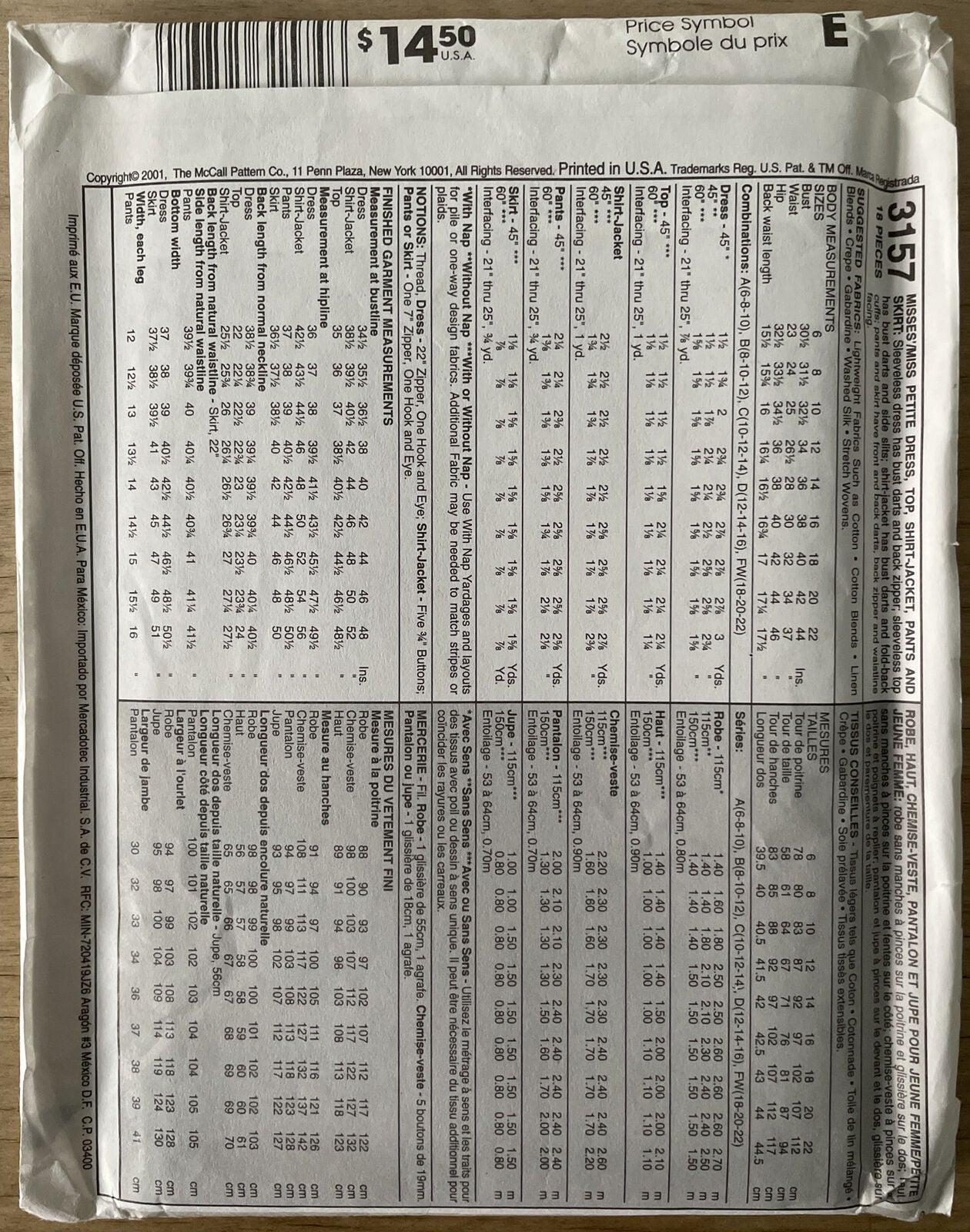 McCall’s 3157 Womens Size 12-16 Dress Trousers Jacket *