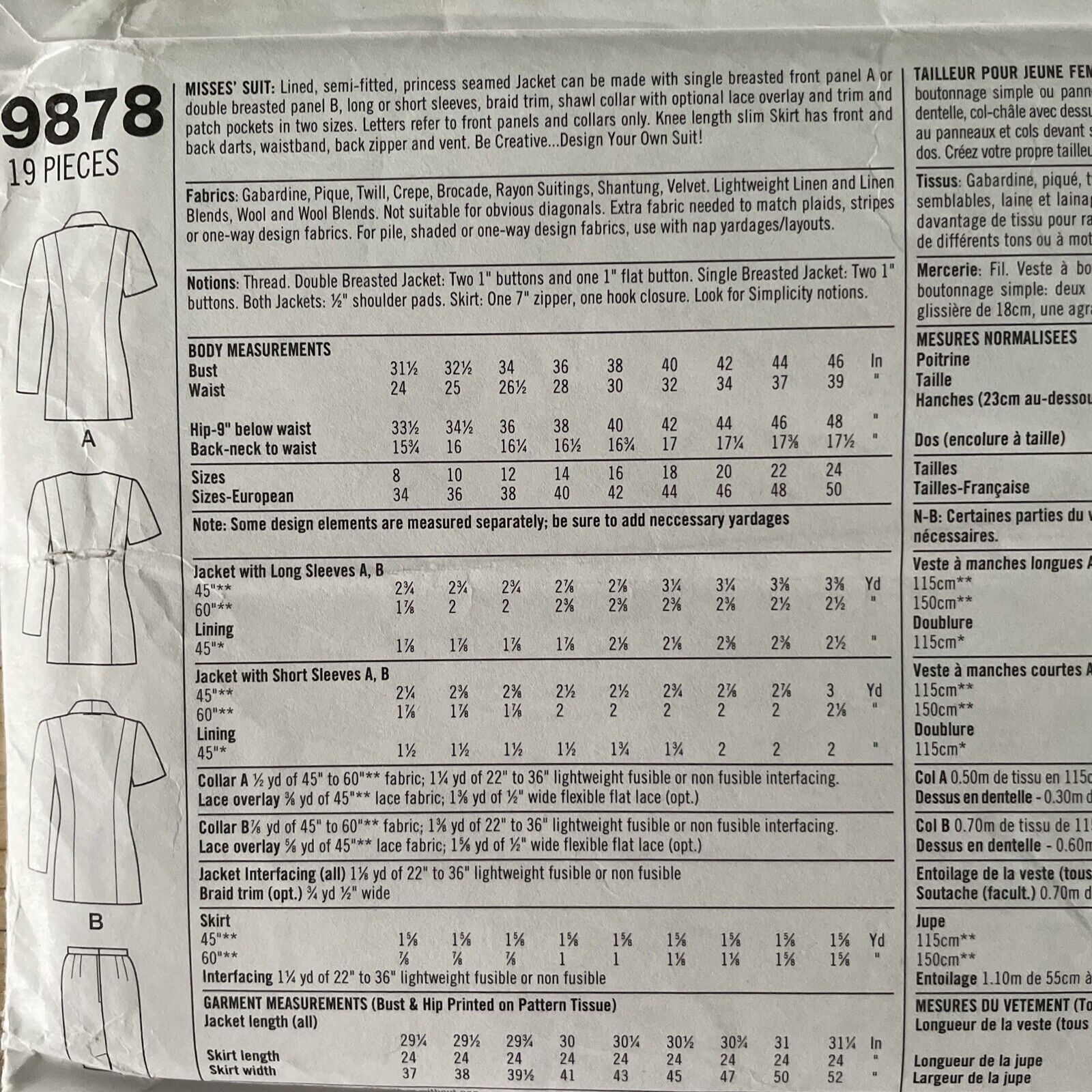 Simplicity 9878 Womens Size 8-12 Jacket Skirt FF *