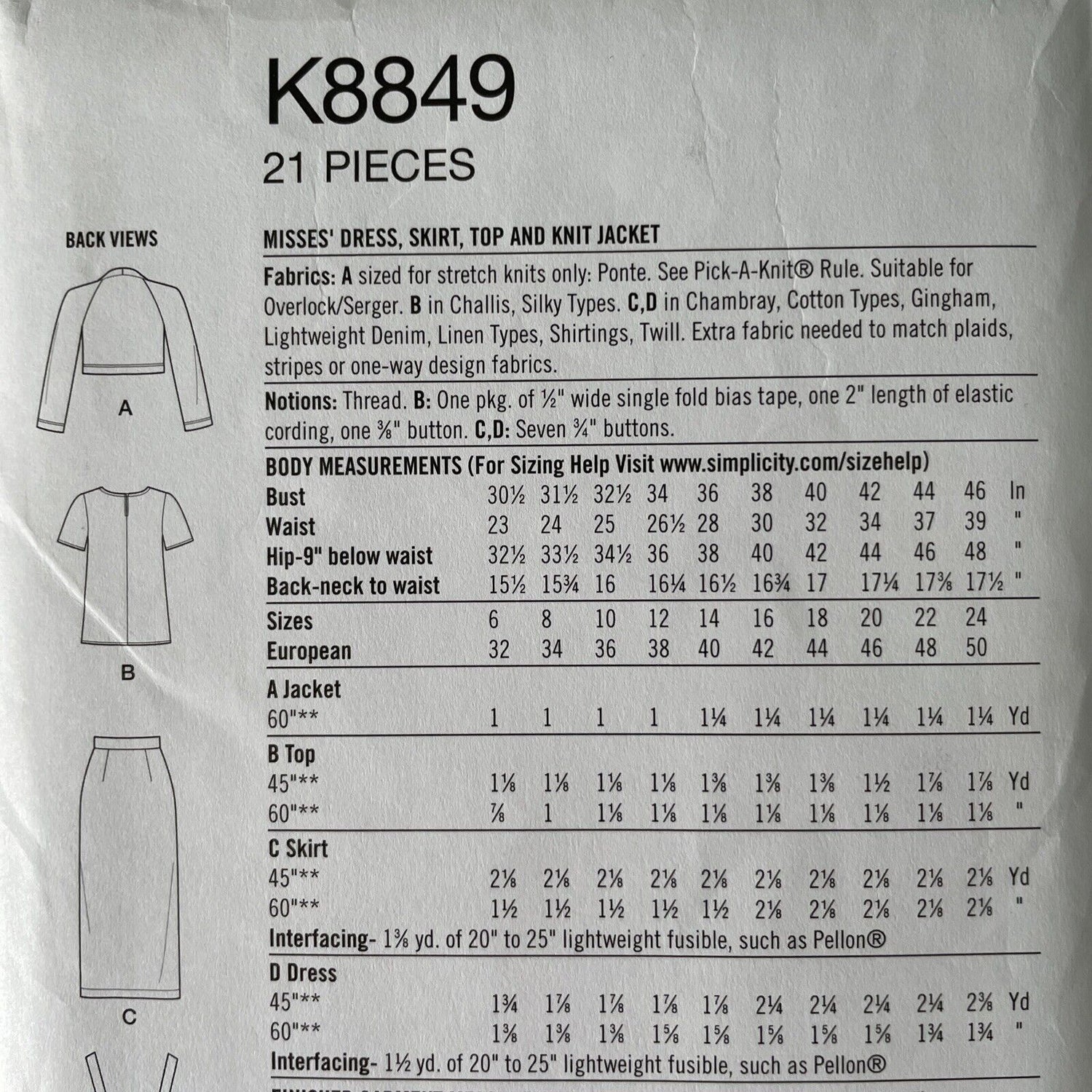 Simplicity K8849 Womens Size 10-18 UK Dress Top Skirt Jacket FF *