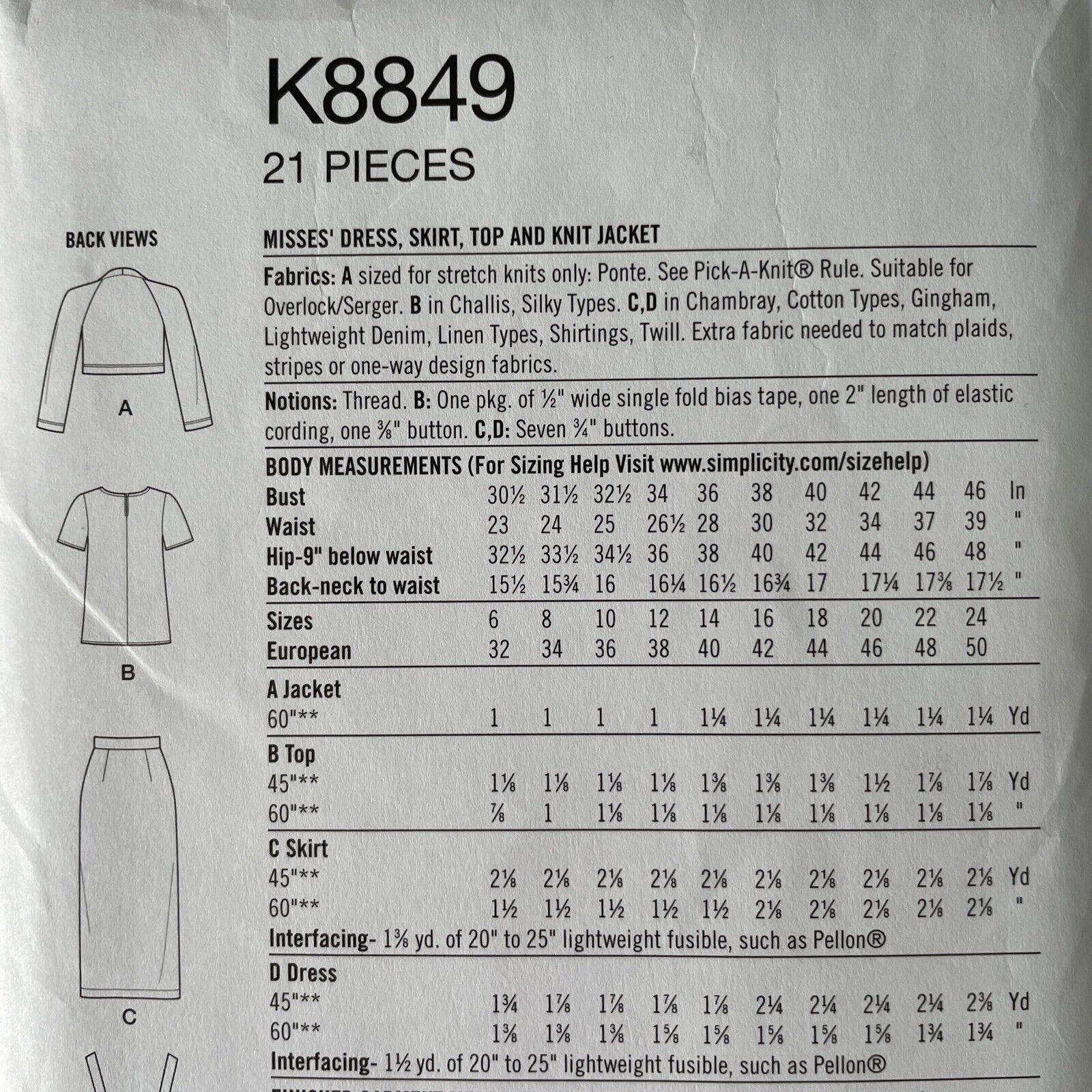 Simplicity K8849 Womens Size 10-18 UK Dress Top Skirt Jacket FF *
