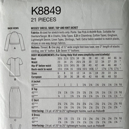 Simplicity K8849 Womens Size 10-18 UK Dress Top Skirt Jacket FF *