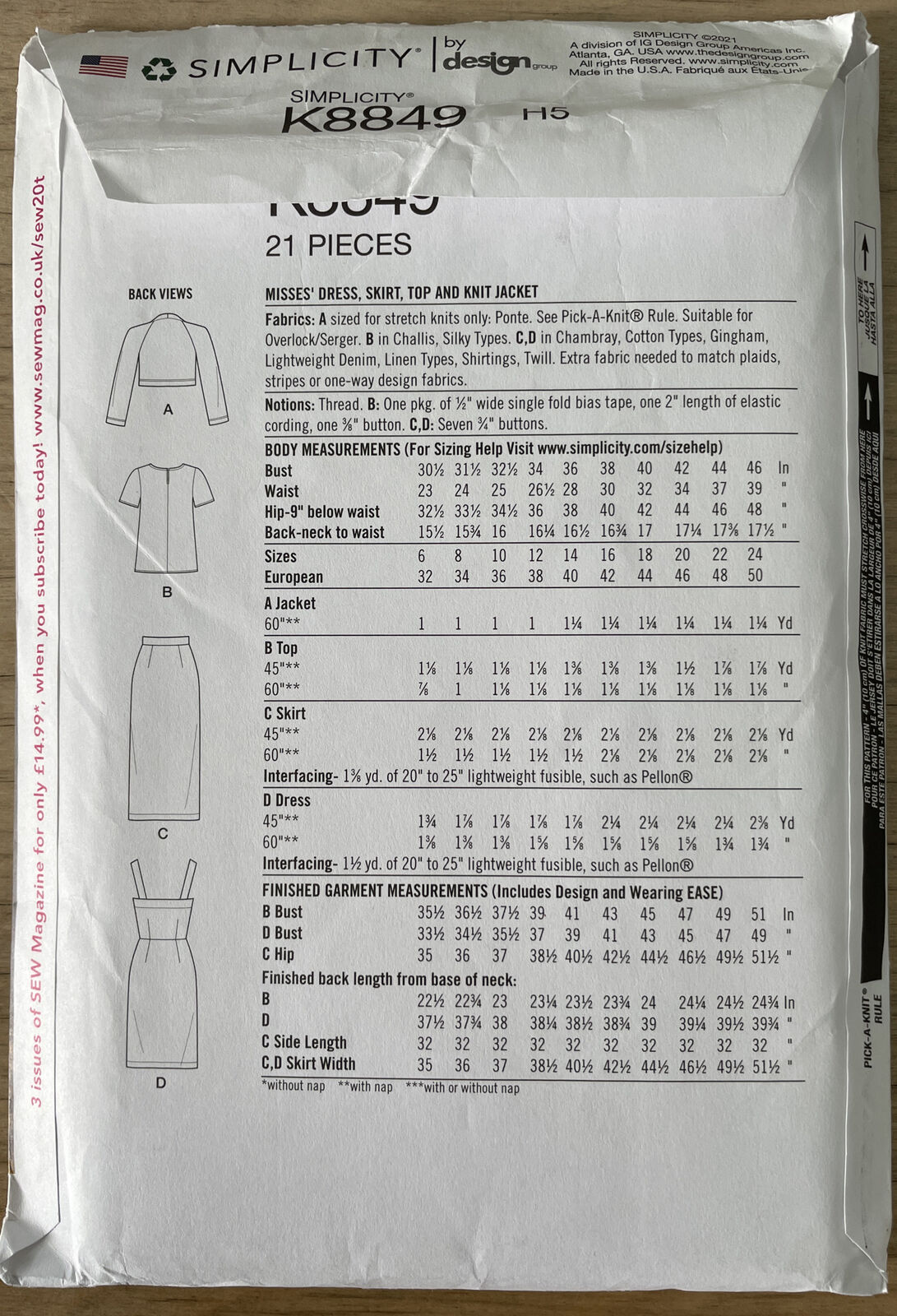 Simplicity K8849 Womens Size 10-18 UK Dress Top Skirt Jacket FF *