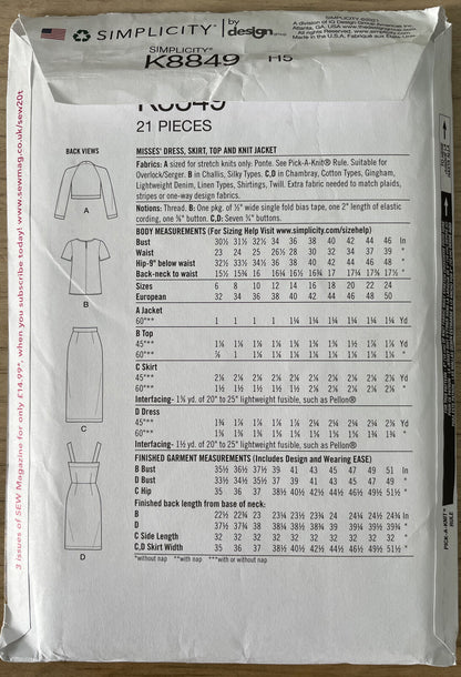 Simplicity K8849 Womens Size 10-18 UK Dress Top Skirt Jacket FF *