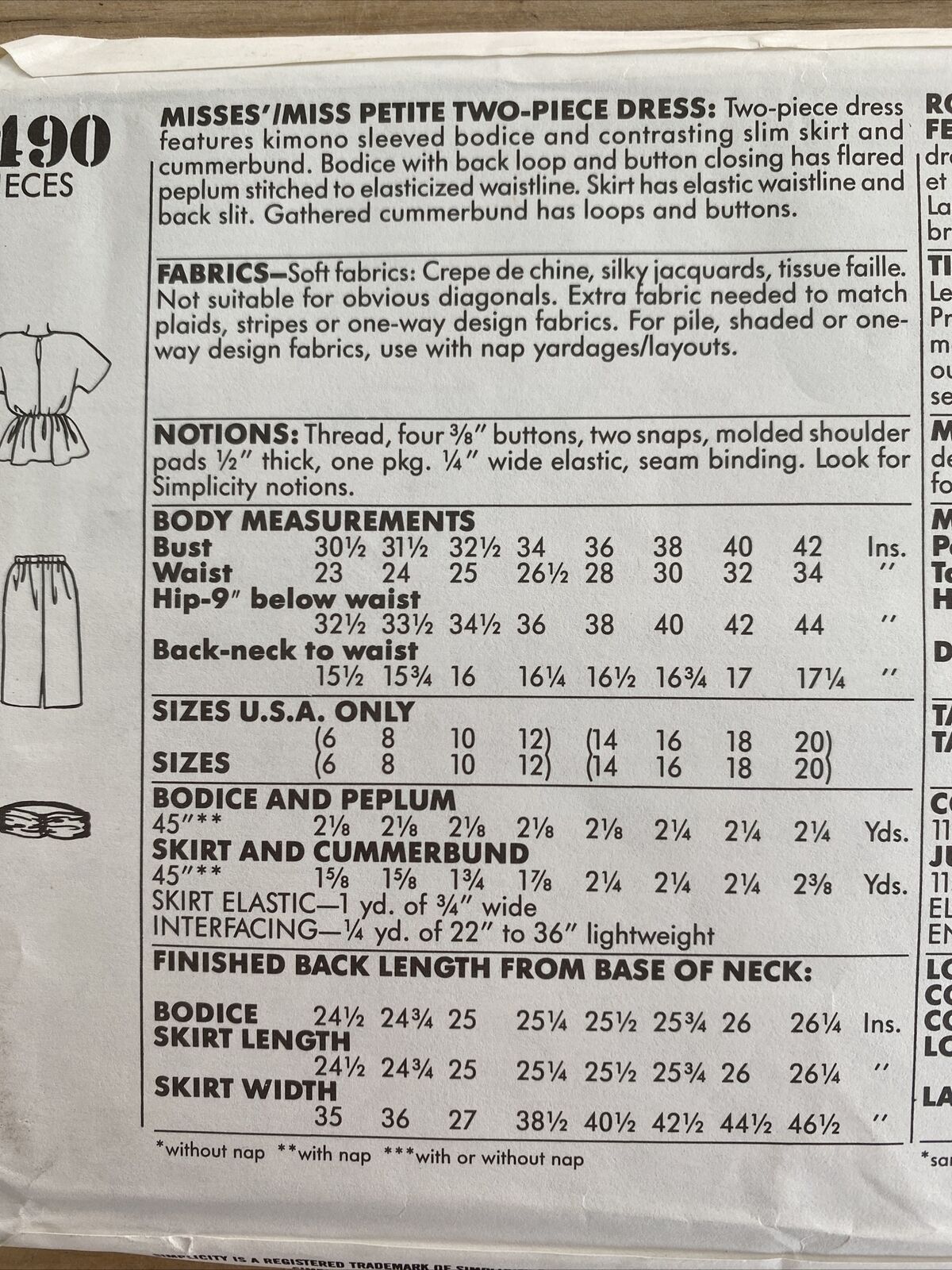 Simplicity 9490 Womens Size 14-20 Petite Top Skirt *