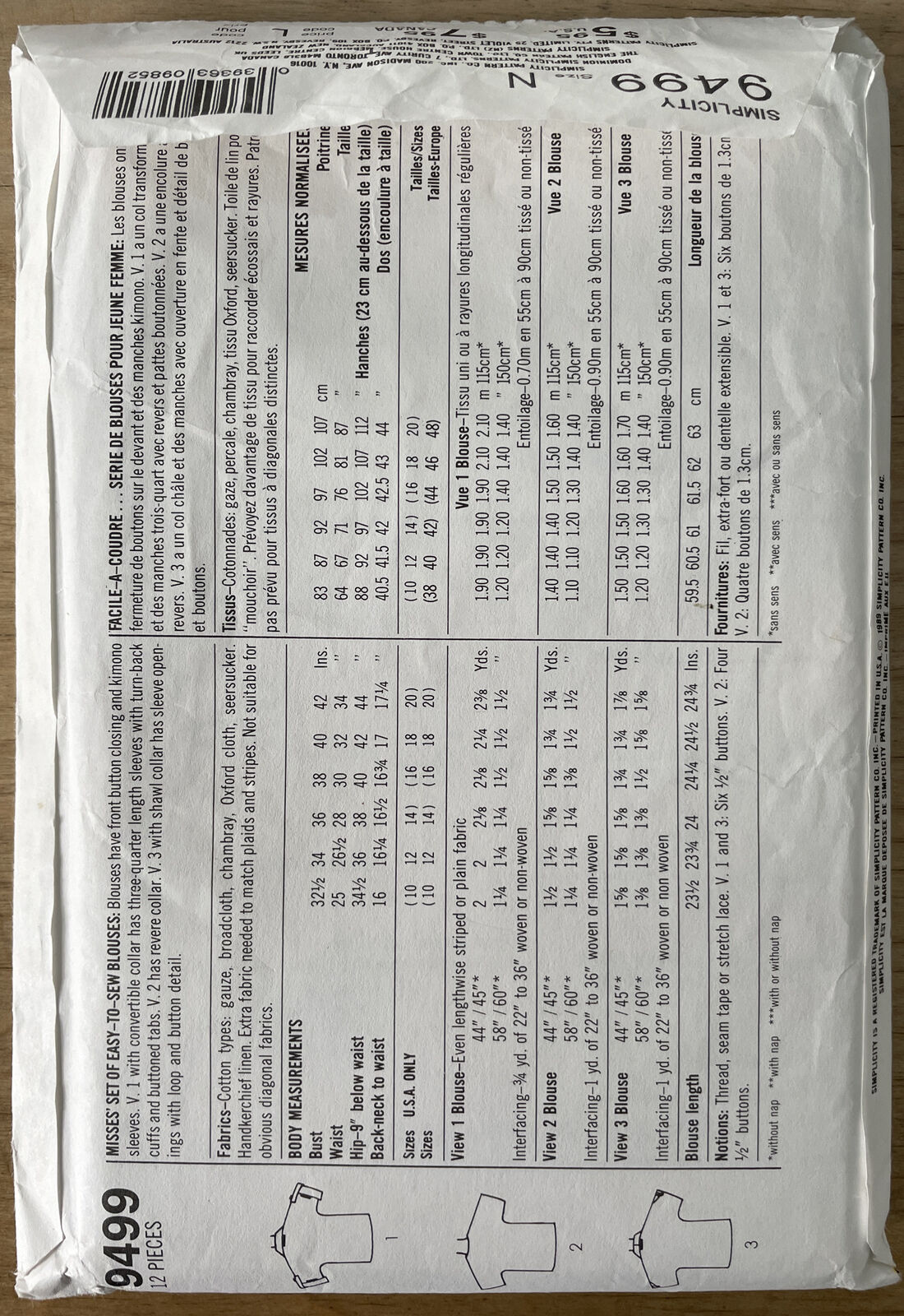 Simplicity 9499 Womens Size 10-12 Blouse Shirt Top