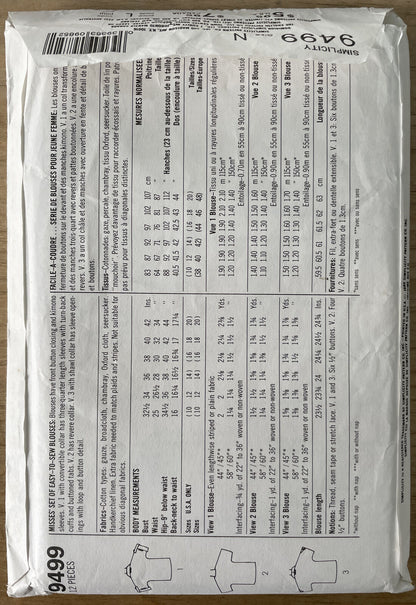 Simplicity 9499 Womens Size 10-12 Blouse Shirt Top