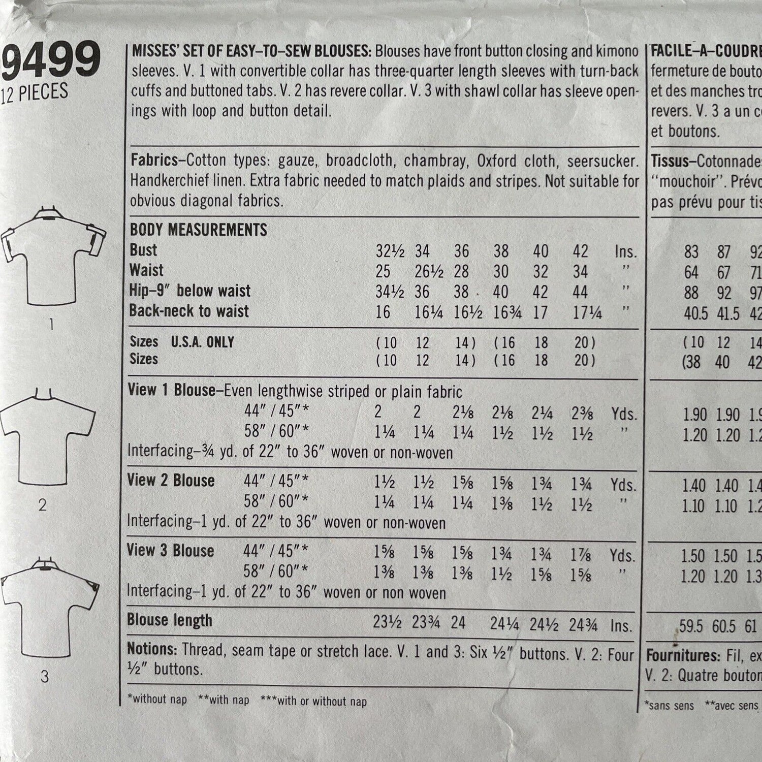 Simplicity 9499 Womens Size 10-12 Blouse Shirt Top
