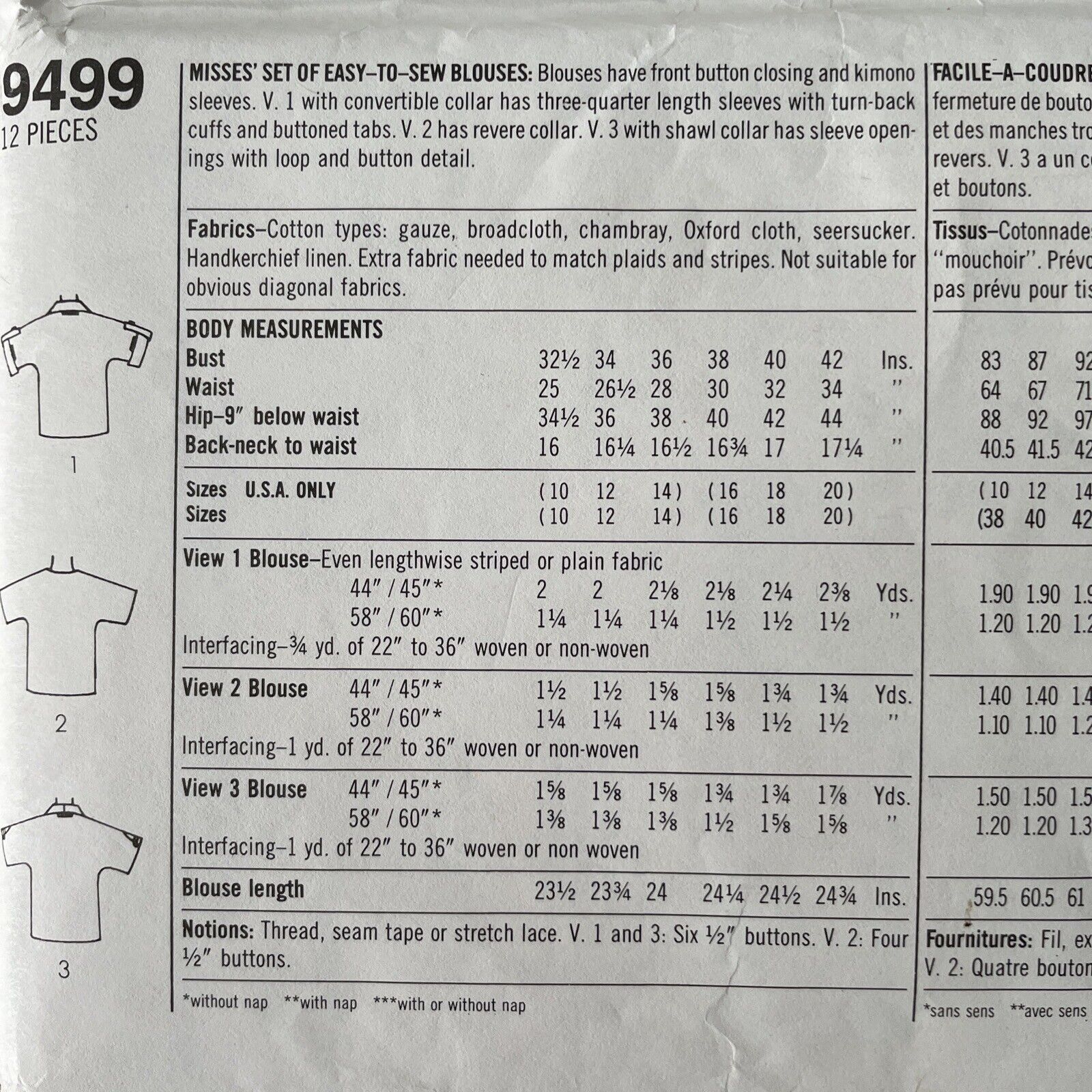 Simplicity 9499 Womens Size 10-12 Blouse Shirt Top