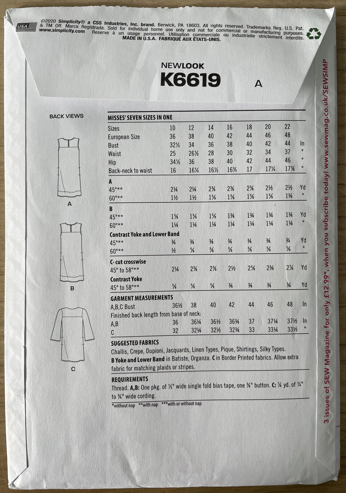 New Look K6619 Womens Size 10-22 Dress FF