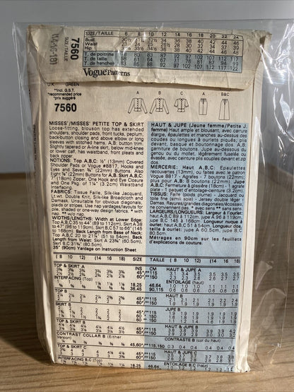 Vogue 7560 Womens Size 14-18 Petite Top Skirt