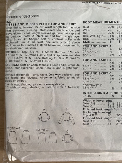 Vogue 8227 Womens Size 12 Petite Top Skirt