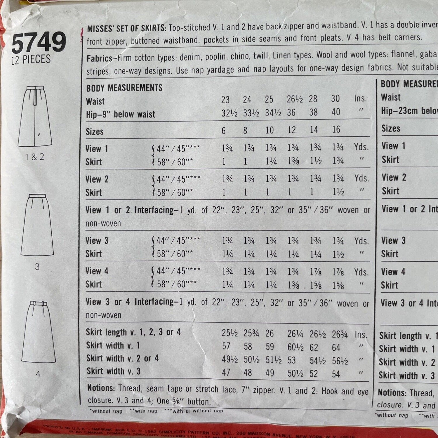 Simplicity 5749 Womens Size 14 Skirt *