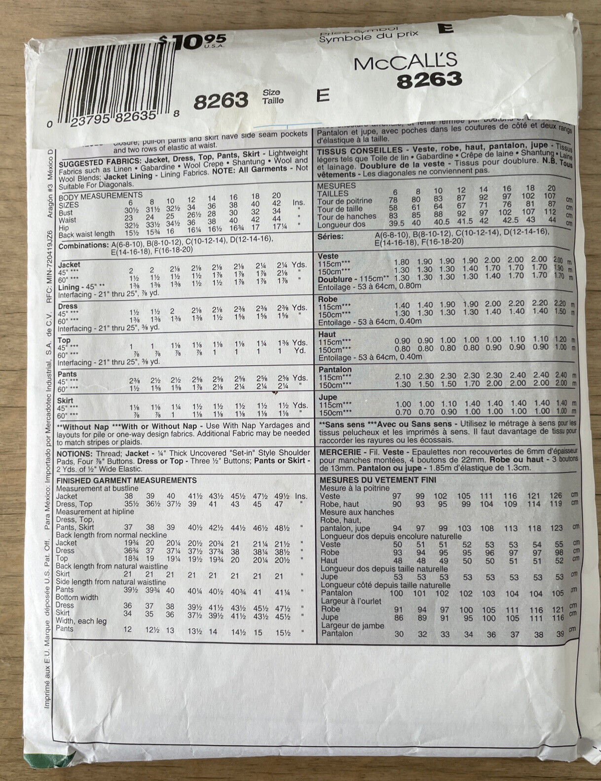 McCalls 8263 Womens Size 14 Jacket Top Dress Trousers Skirt *