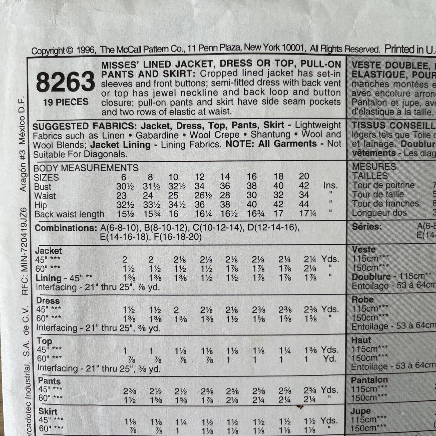 McCalls 8263 Womens Size 14 Jacket Top Dress Trousers Skirt *