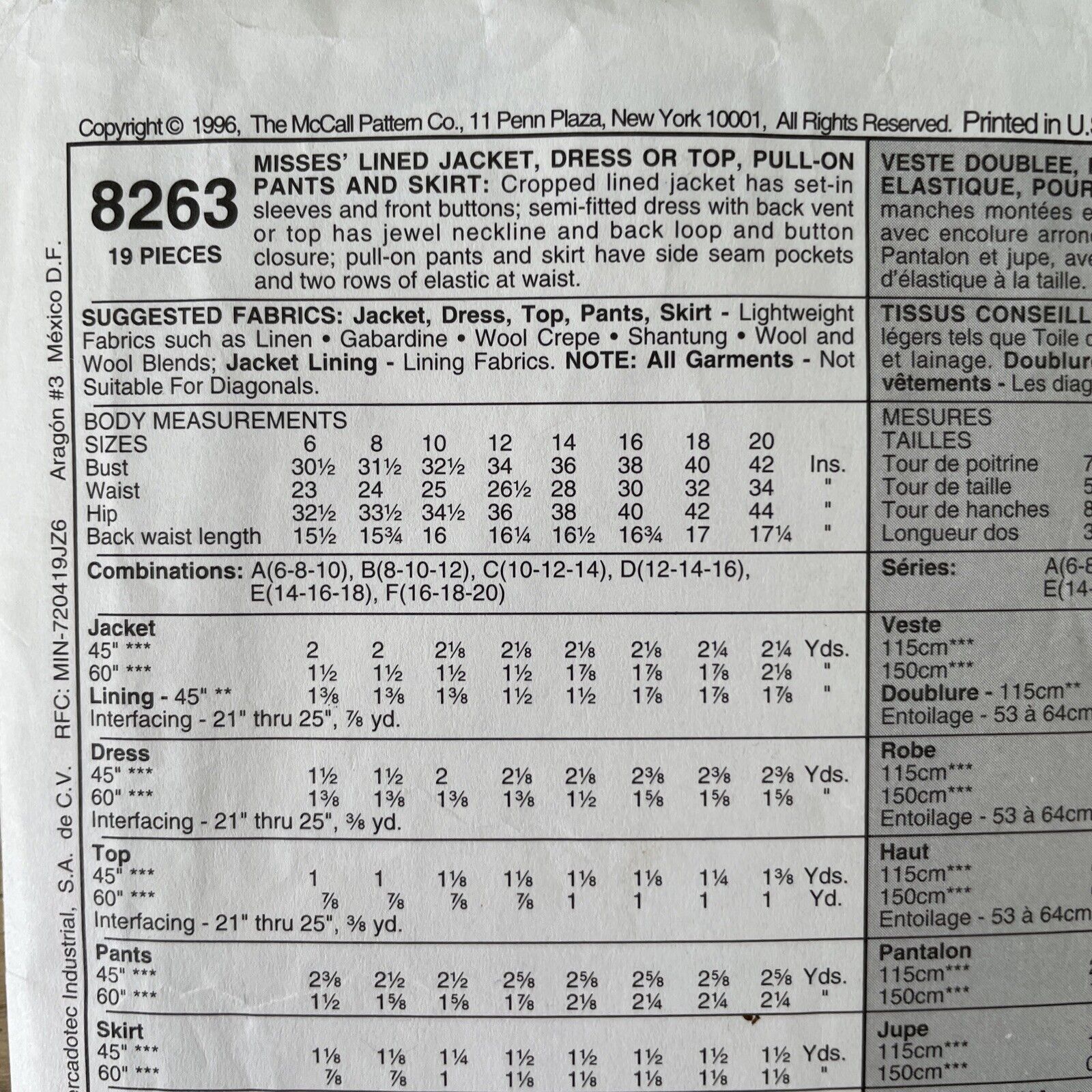 McCalls 8263 Womens Size 14 Jacket Top Dress Trousers Skirt *