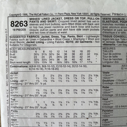 McCalls 8263 Womens Size 14 Jacket Top Dress Trousers Skirt *