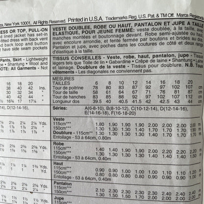 McCalls 8263 Womens Size 14 Jacket Top Dress Trousers Skirt *