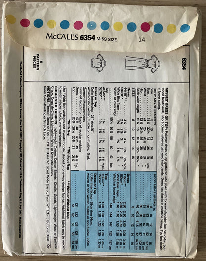 McCalls 6354 Womens Size 14 Dress Blouse Shirt Top *