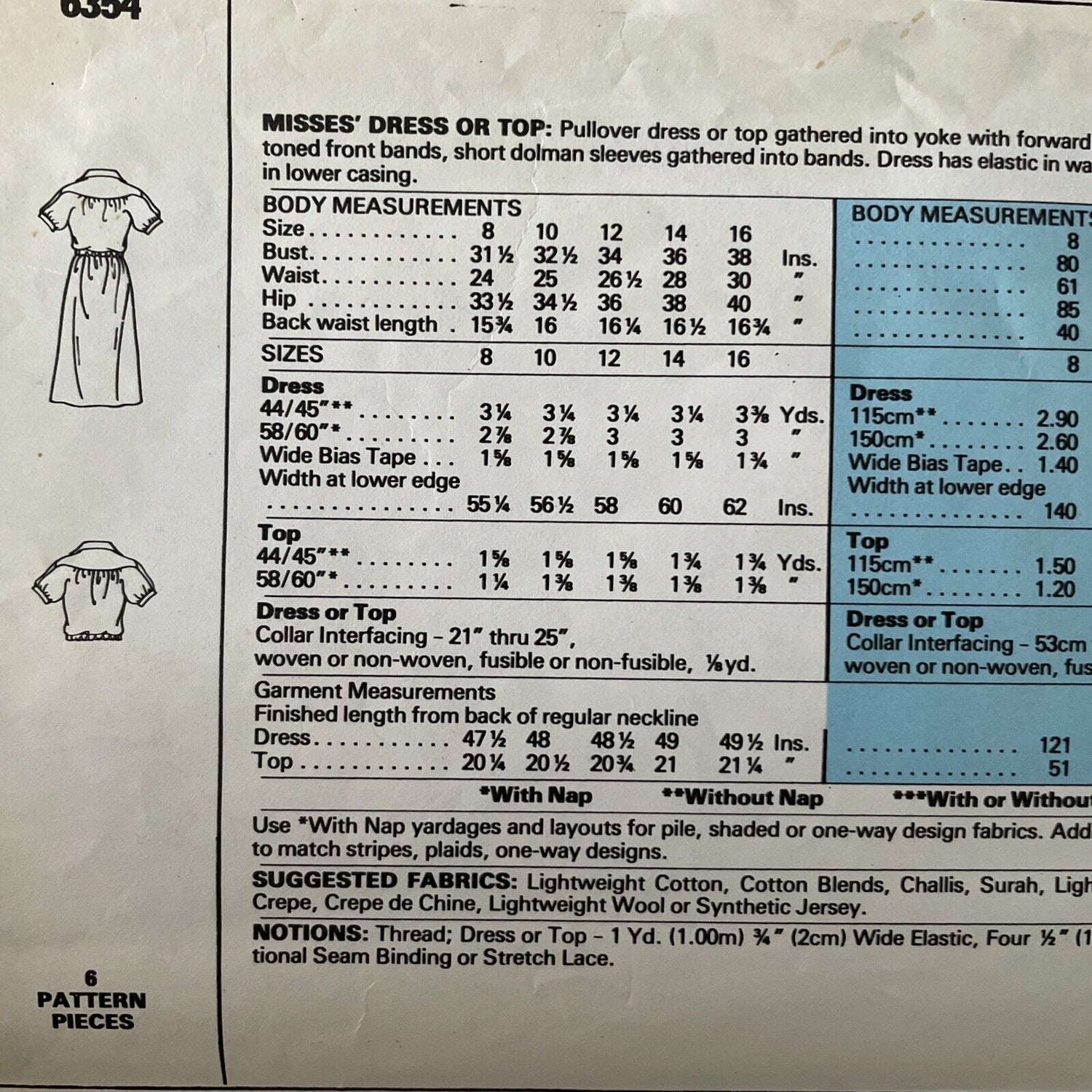 McCalls 6354 Womens Size 14 Dress Blouse Shirt Top *