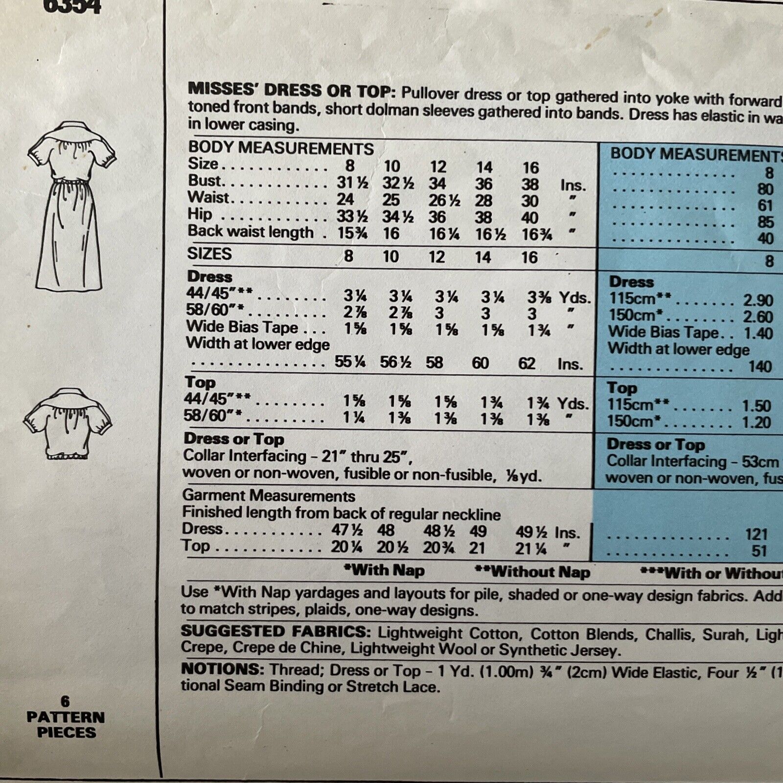 McCalls 6354 Womens Size 14 Dress Blouse Shirt Top *