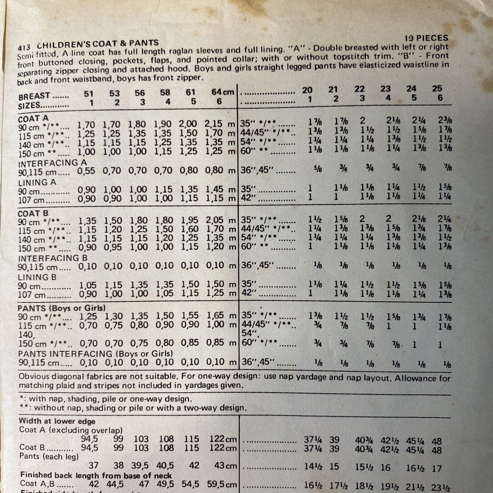 Butterick 413 Childs Size 2 Toddler Coat Trousers *