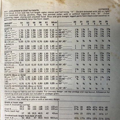 Butterick 413 Childs Size 2 Toddler Coat Trousers *