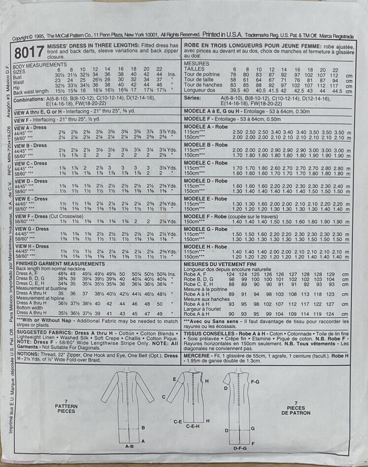 McCalls 8017 Womens Size 12-16 Dress *