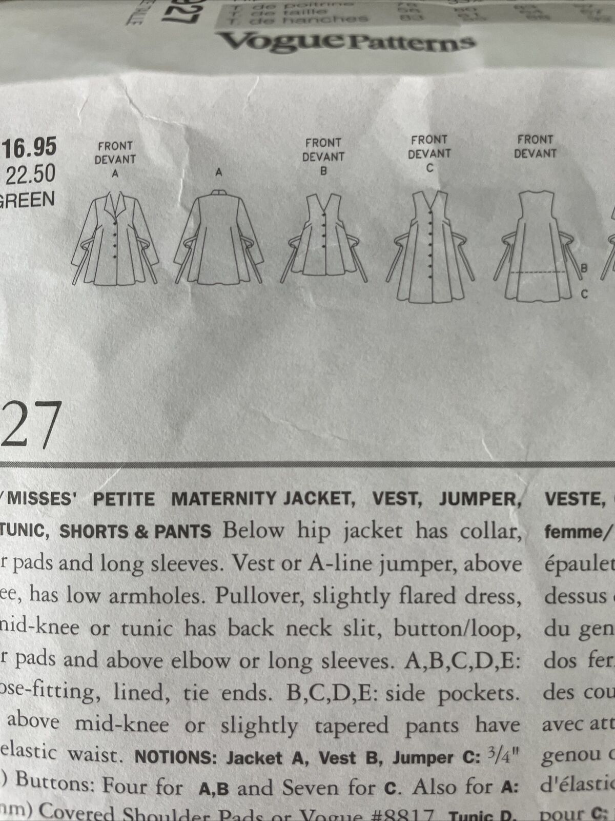 Vogue 1927 Size 18 Petite Maternity Jacket Dress Tunic