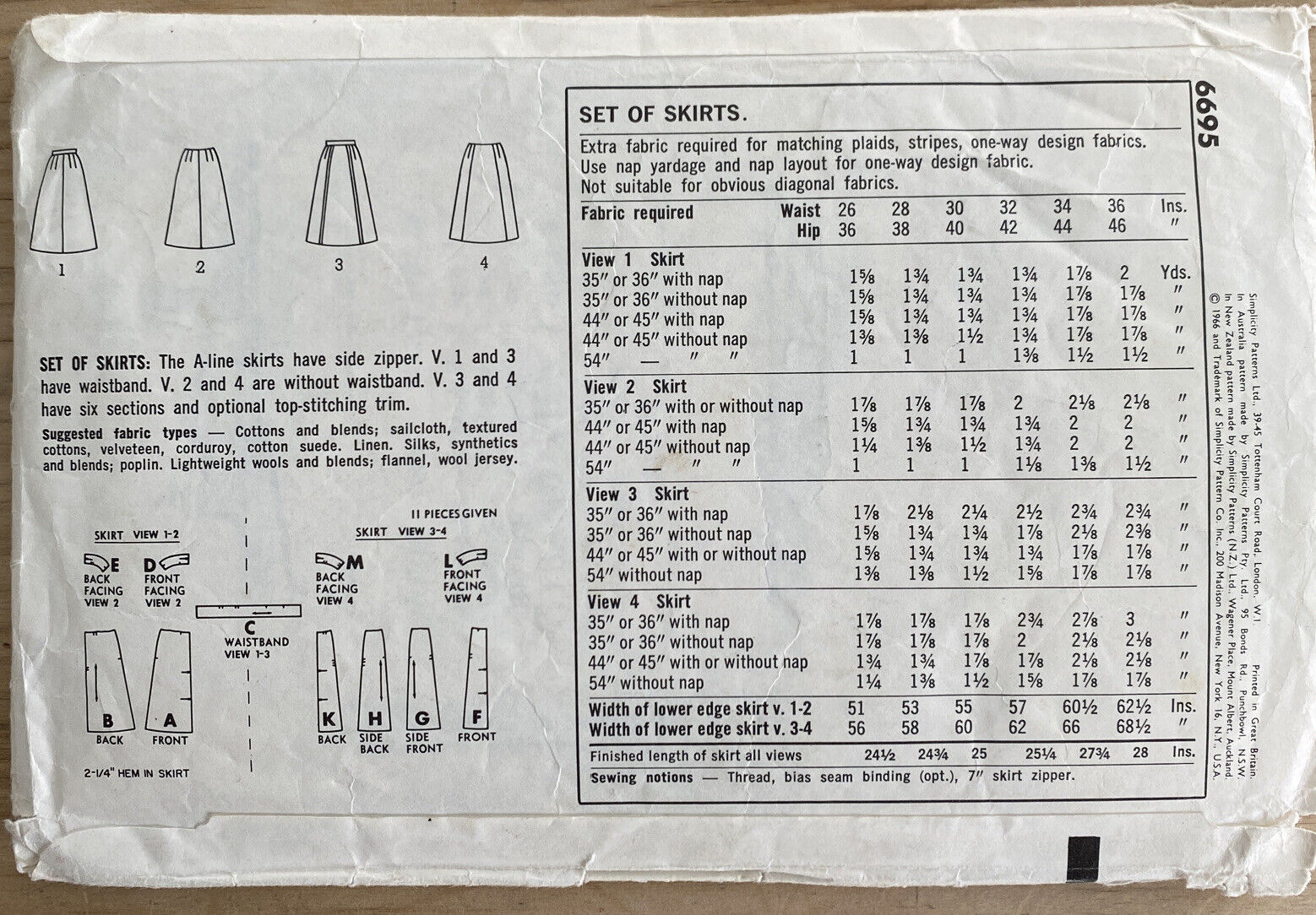Simplicity 6695 Womens Waist 26” Skirt *
