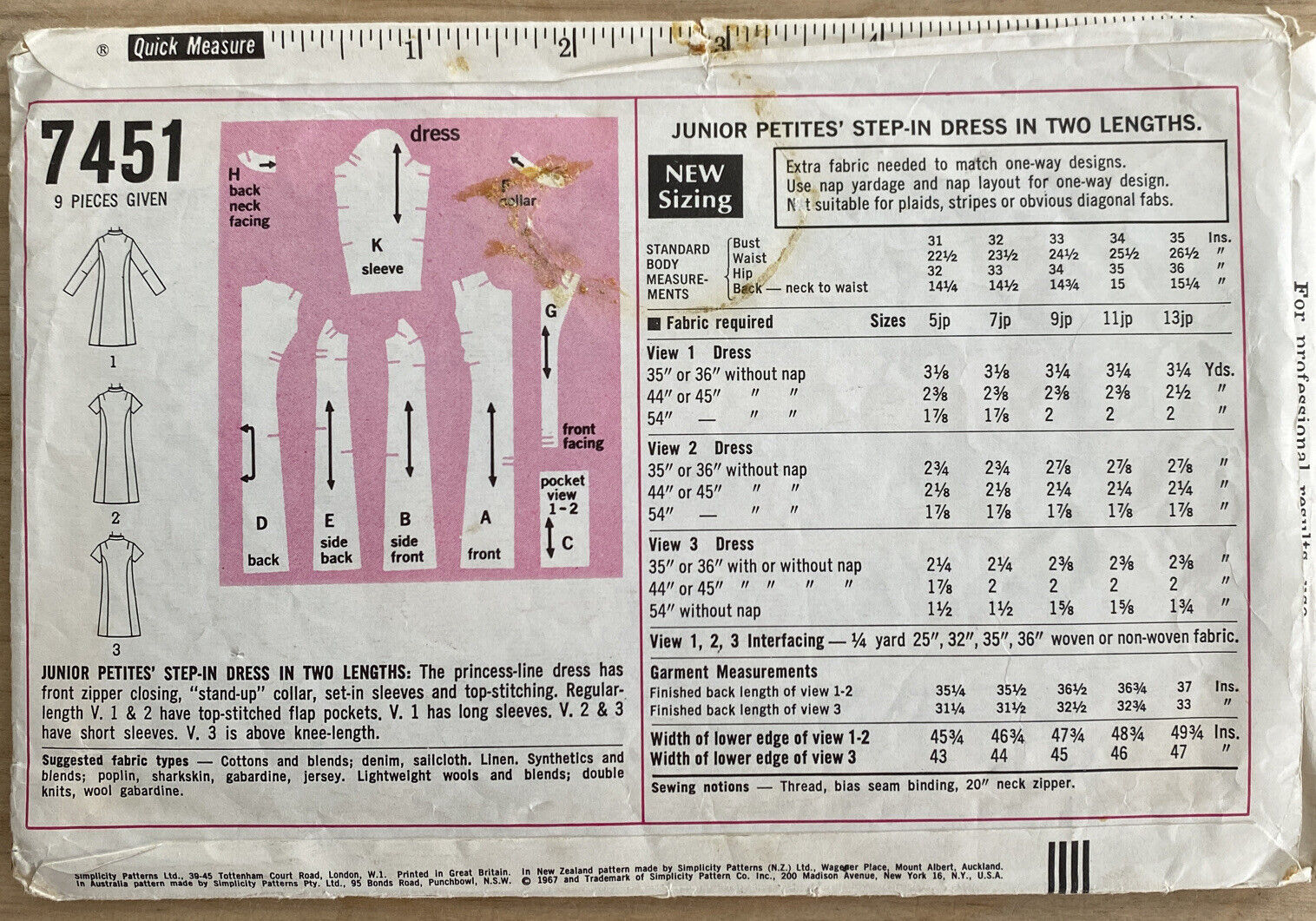 Simplicity 7451 Teen/Girl Size 9 Dress *