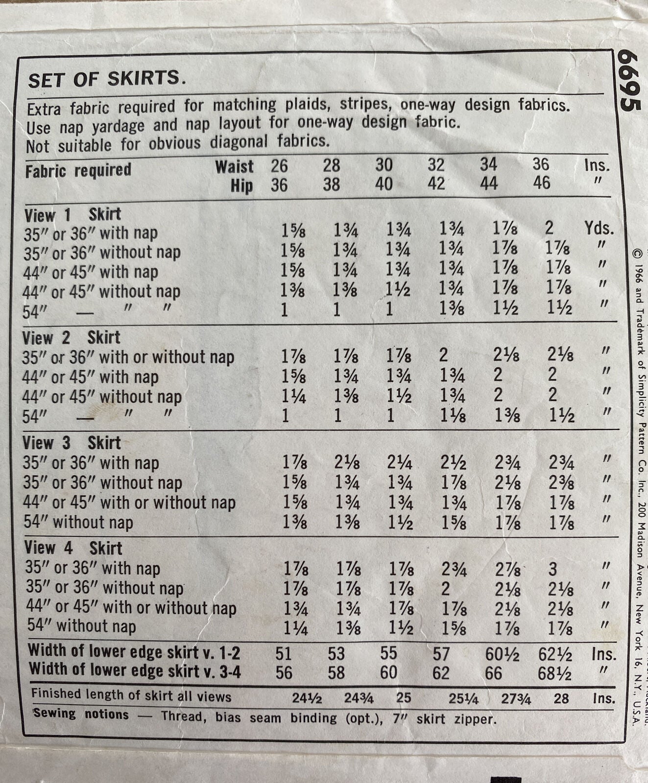 Simplicity 6695 Womens Waist 26” Skirt *