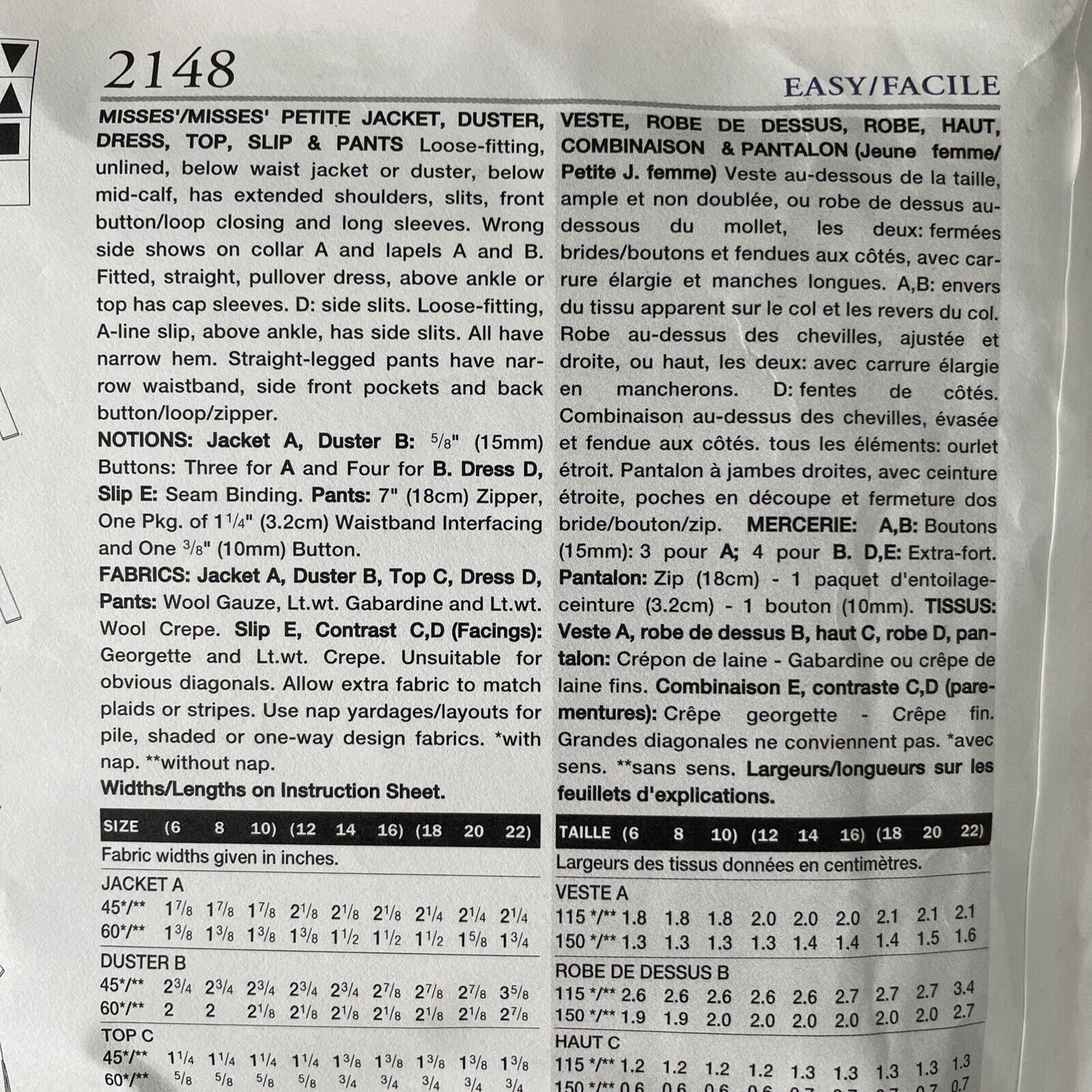 Vogue 2148 Womens Size 12-16 Dress Jacket Top Trousers