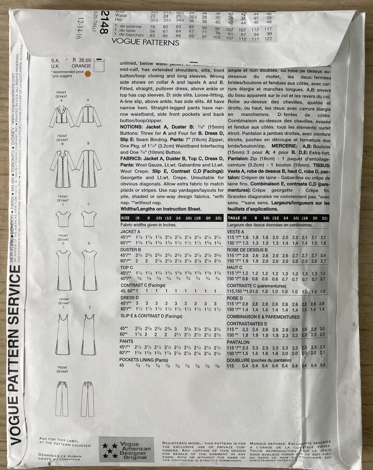 Vogue 2148 Womens Size 12-16 Dress Jacket Top Trousers