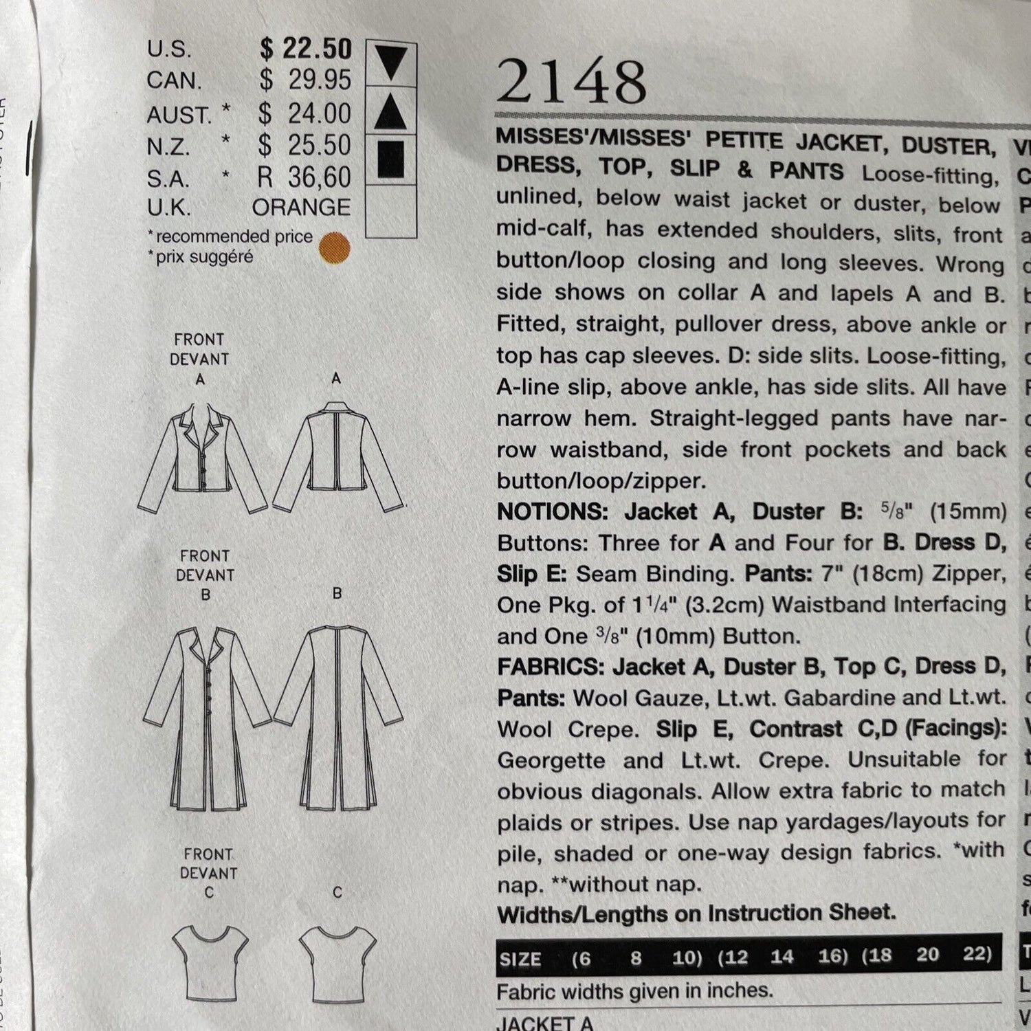 Vogue 2148 Womens Size 12-16 Dress Jacket Top Trousers